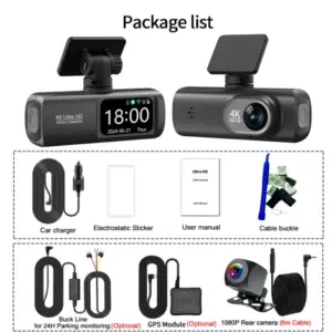 UHD 4K Dash Cam Dual Lens Driving Recorder Car DVR 1080P Rear Lens Camera Built-In Wifi GPS 24-Hour Parking Monitoring Black Box