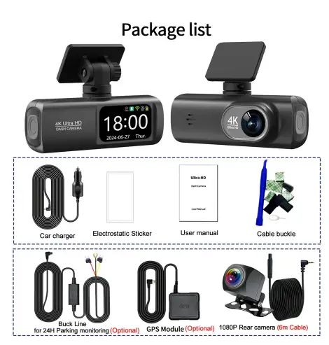 UHD 4K Dash Cam Dual Lens Driving Recorder Car DVR 1080P Rear Lens Camera Built-In Wifi GPS 24-Hour Parking Monitoring Black Box