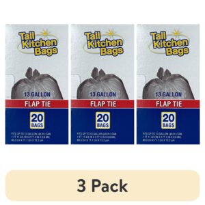 (3 Pack) Basic Kitchen Trash Bags, 13 Gallon, 20 Bags (Flap Tie)