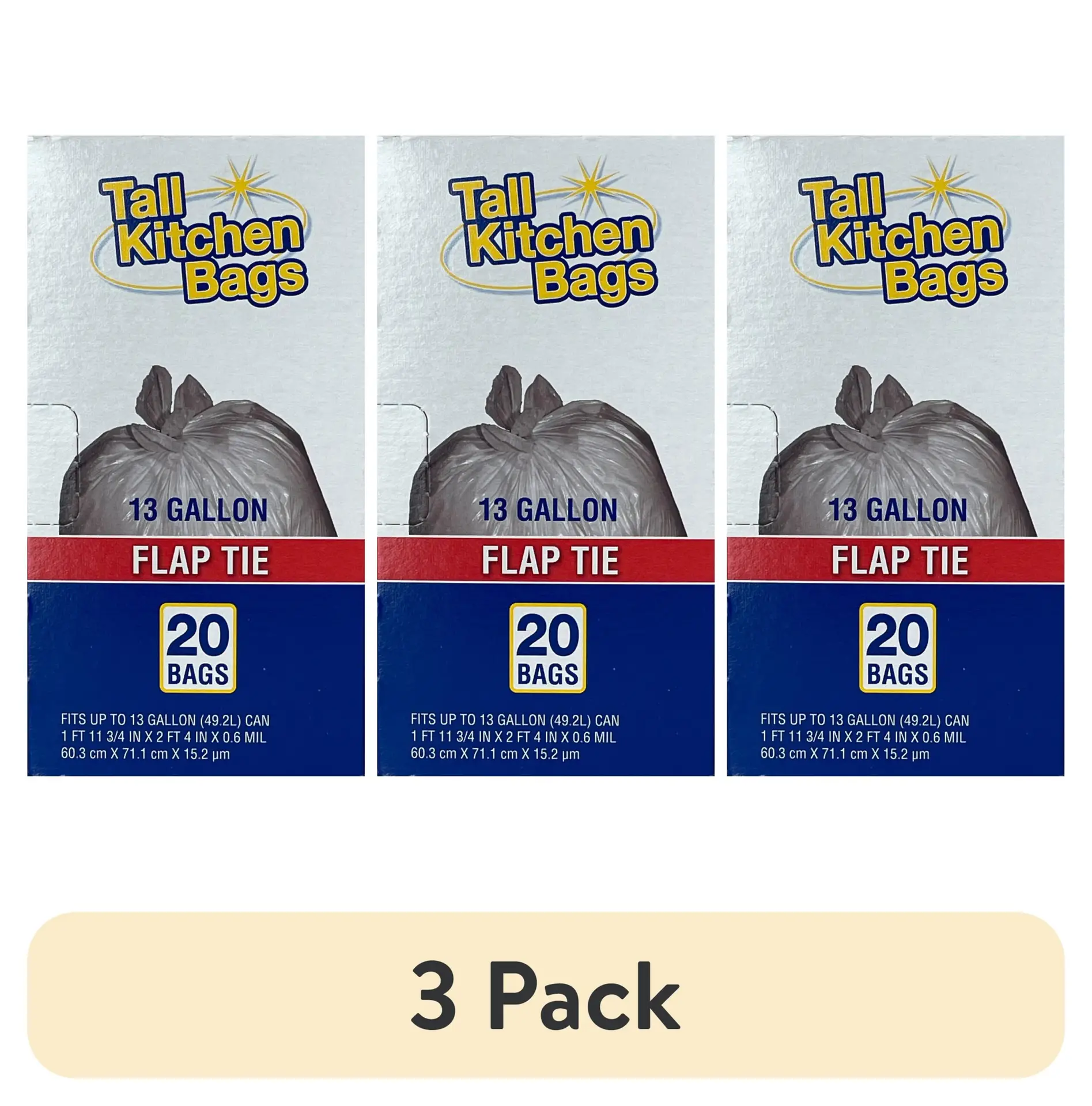 (3 Pack) Basic Kitchen Trash Bags, 13 Gallon, 20 Bags (Flap Tie)