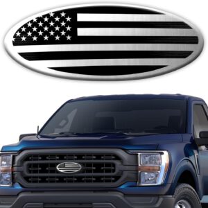 Tailgate Emblem for Ford F150 F250 F350 Silver American Flag 9 Inch Front Grill Emblem for Ford Emblem, Aluminum Oval Overlay Front Grill Rear Tailgate American Flag Decal Badge(Silver)