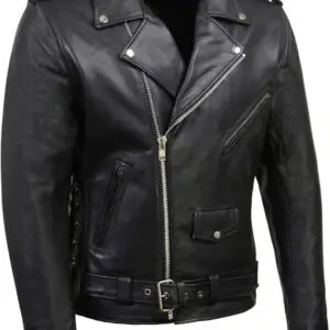 SH1011 Men'S Classic Brando Premium Leather Black Motorcycle Riders Leather Jacket W/Side Laces